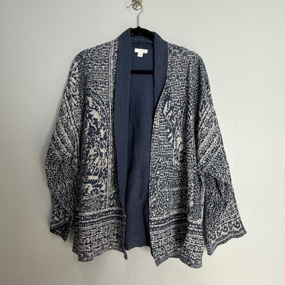 Pure‎ Jill J. Jill Womens Blue White Jacquard Open Front Cardigan Sweater Large